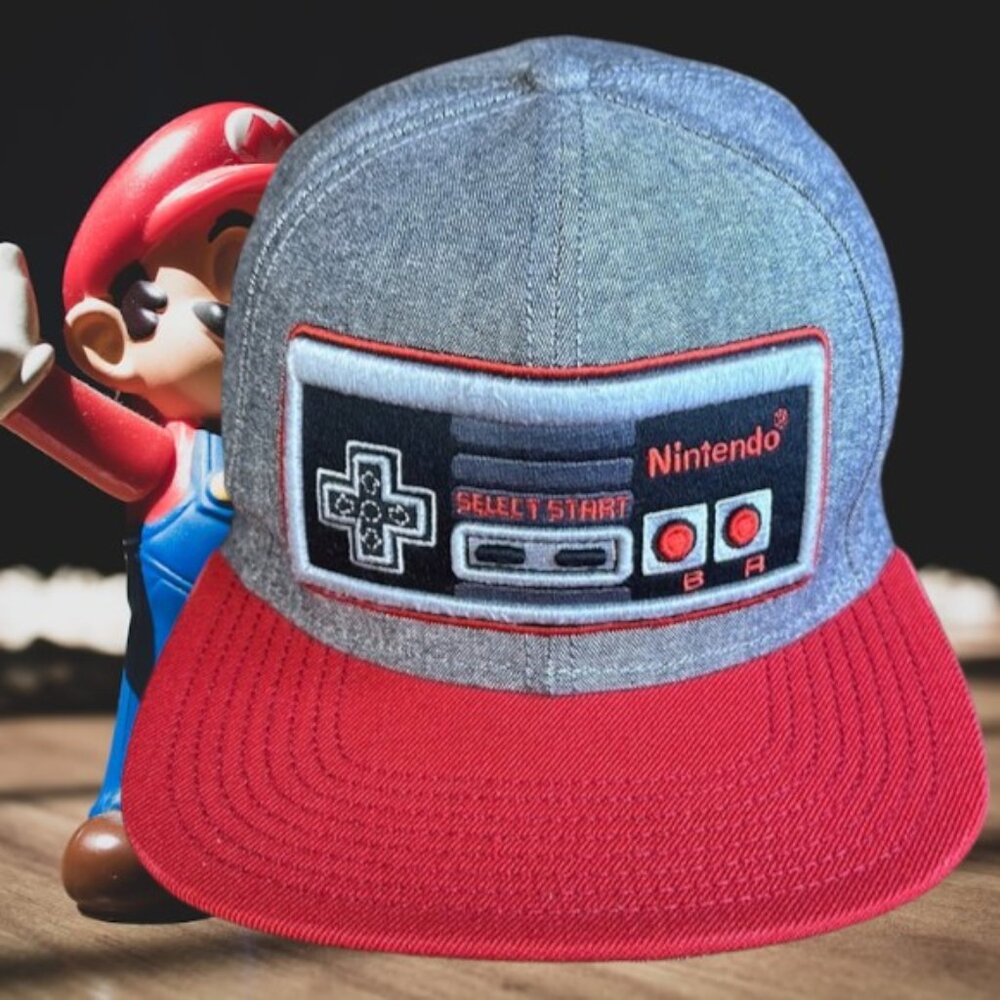Nintendo NES Video Game Controller Embroidered Gray Red Adj Snap Back Hat Cap
